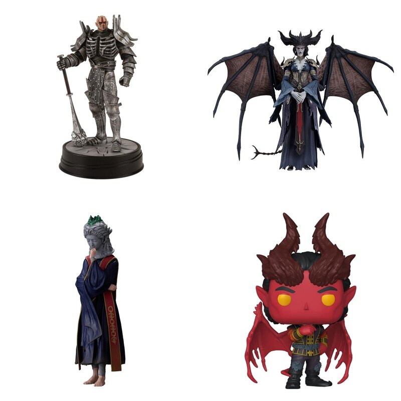 Figurki z mrocznych gier RPG: Imlerith z Wiedzmina 3, Lilith z Diablo IV, Sellen z Elden Ring i Raphael z Baldur's Gate