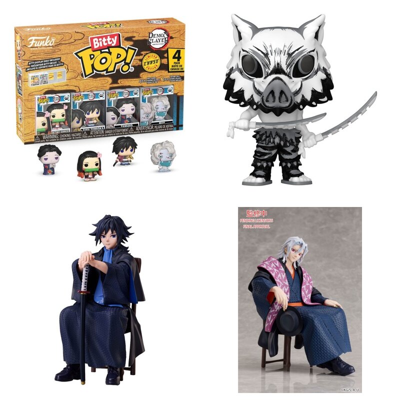 Figurki Demon Slayer w roznych formatach: Bitty POP Nezuko, Funko POP Inosuke Sumi-Ink, statuetki Aniplex Giyu Tomioka i Tengen Uzui