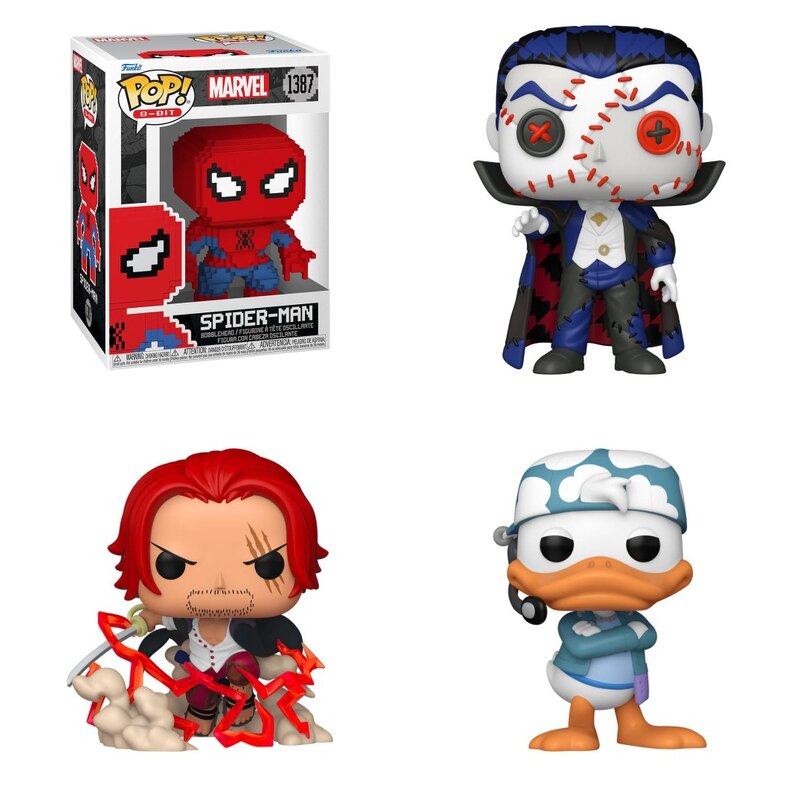 Oryginalne figurki Funko POP: Spider-Man 8-Bit, Dracula Patchwork, Shanks i Donald