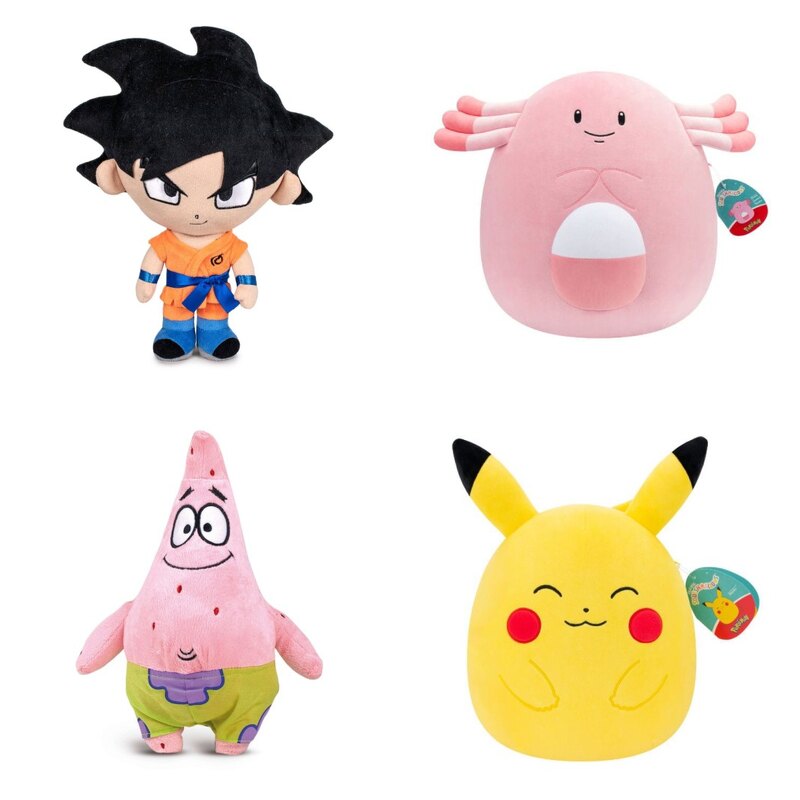 Pluszaki licencjonowane Play by Play i Squishmallows: Goku, Chansey, Patrick i Pikachu