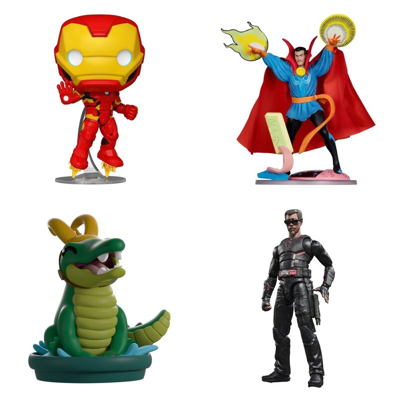 Figurki Marvel: Funko POP Iron Man, statuetka Doctor Strange McFarlane, Youtooz Alligator Loki i Marvel Legends Blade