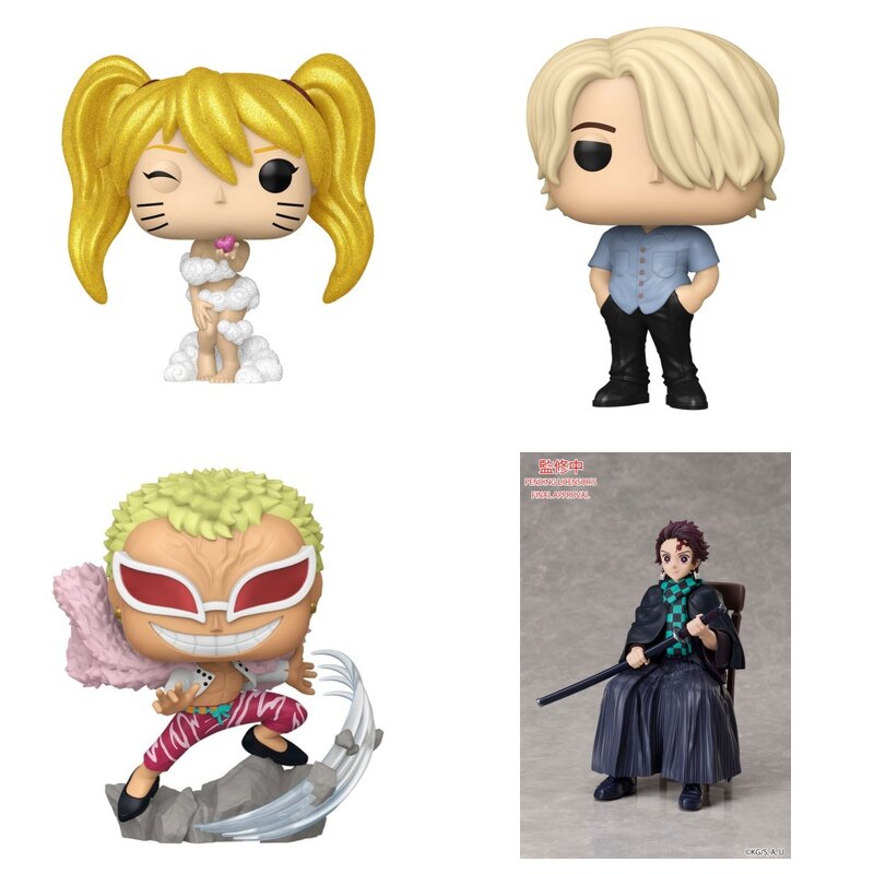 Figurki i statuy z japońskich uniwersów: Funko POP Naruto, Funko POP One Piece Sanji, Funko POP One Piece Doflamingo i statua Demon Slayer Tanjiro Kamado
