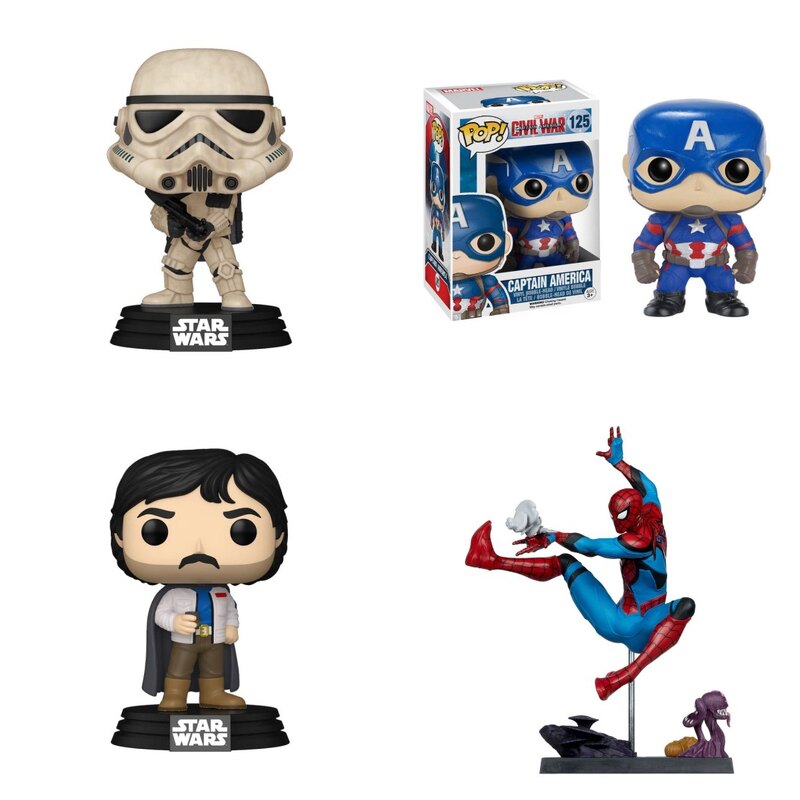 Figurki Star Wars i Marvel: Sandtrooper, Captain America, Biggs Darklighter i Spider-Man