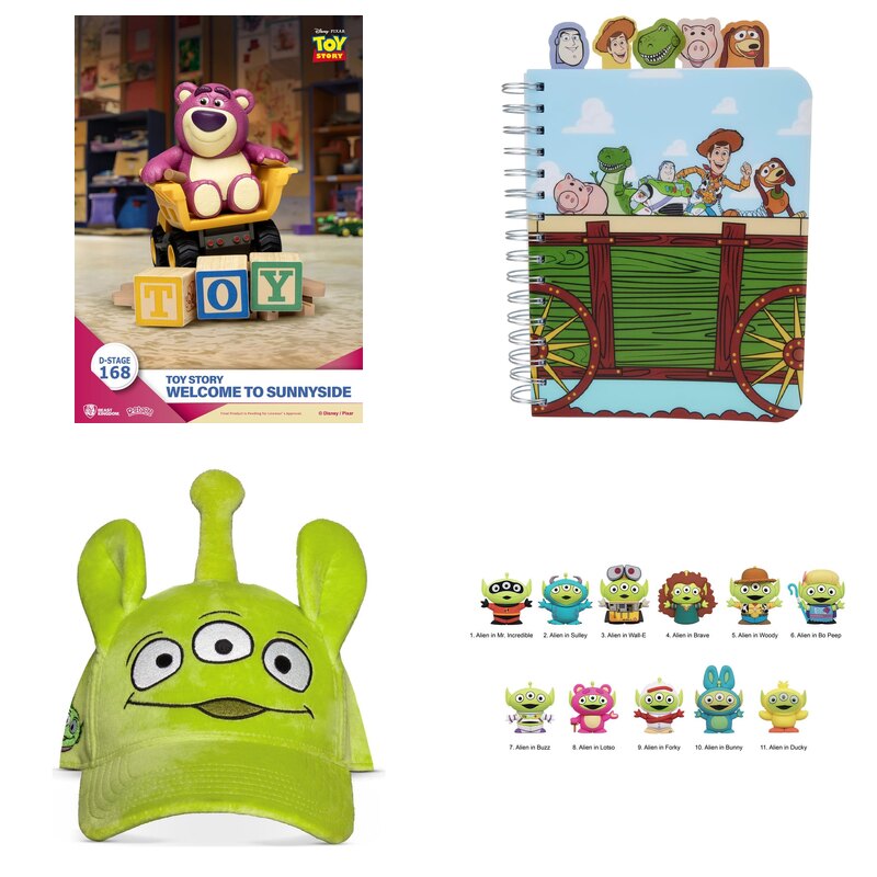 Gadżety Toy Story: diorama Welcome to Sunnyside, notes Loungefly, czapka z Alienem i brelok Alien Remix
