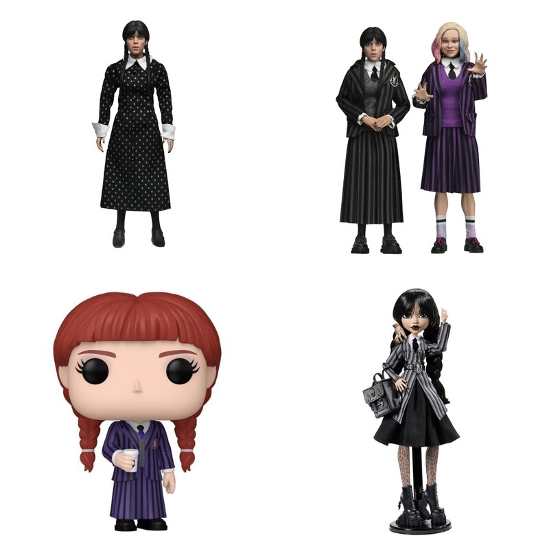 Figurki Wednesday Addams: NECA Classic Dress, NECA 2-pack z Enid, Funko POP! Agnes DeMille i lalka Monster High Wednesday Addams