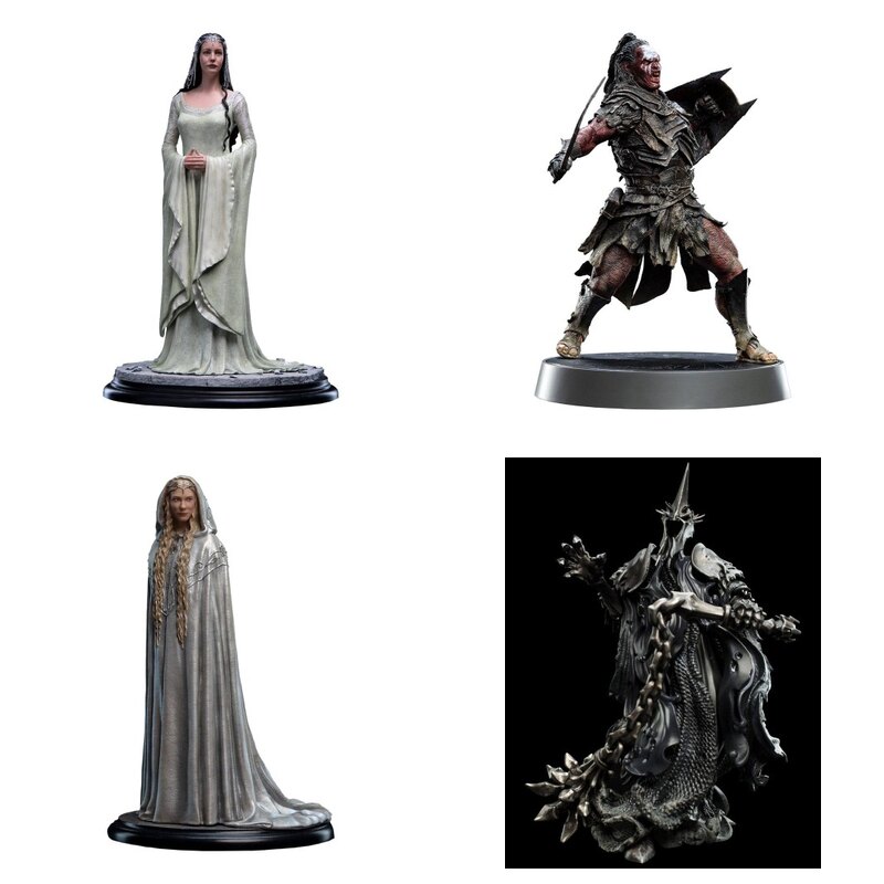 Statuetki Weta Workshop ze świata Władcy Pierścieni: Arwen, Lurtz, Galadriel i Czarnoksiężnik z Angmaru